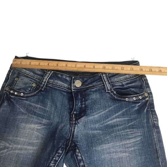 PREMIERE by rue21 Jeans Womens 3/4R Blue Slim Boot Stretch Embellished Pockets - Picture 9 of 15